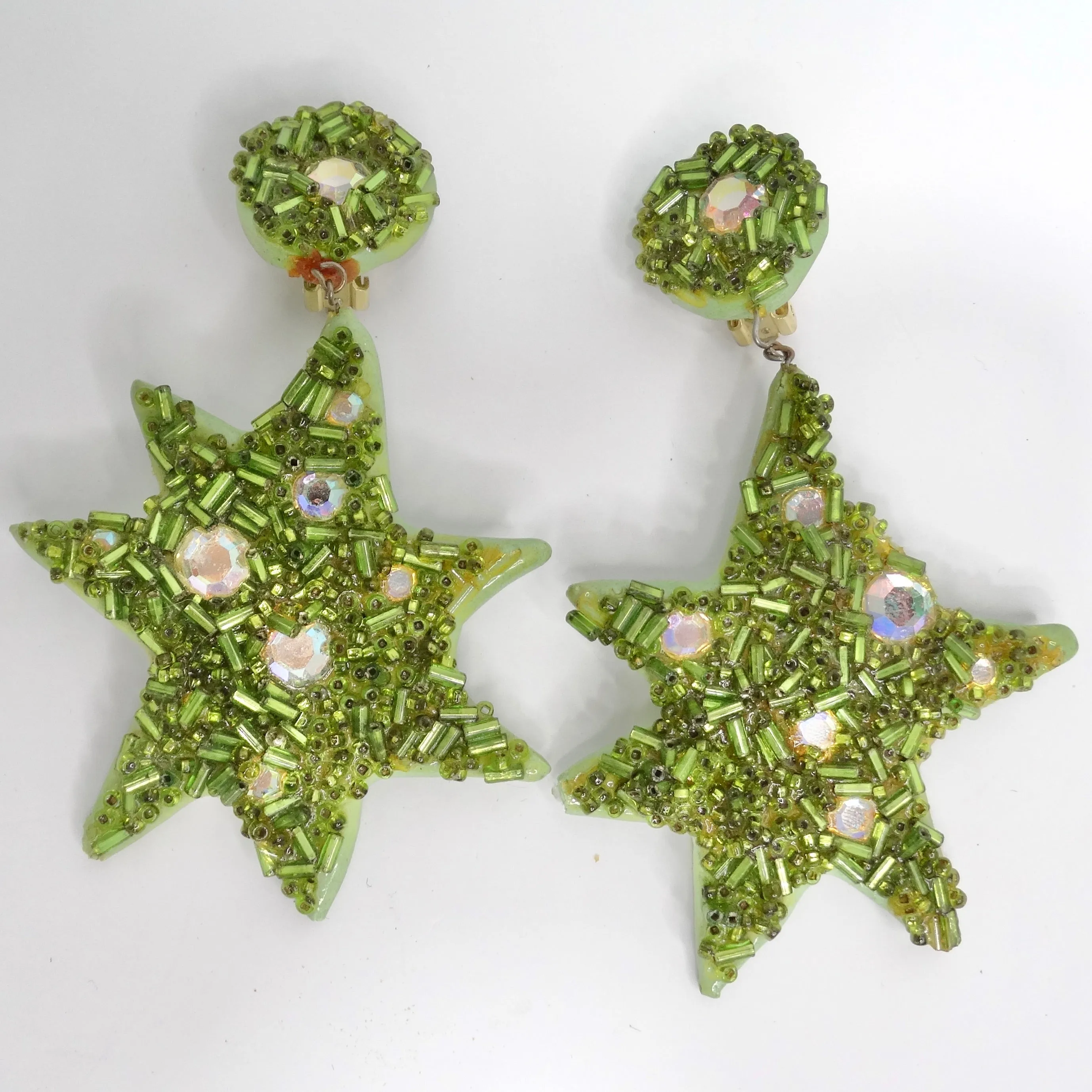 1980s Green Swarovski Crystal Embellished Star Clip On Earrings