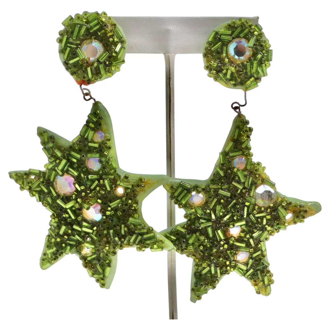 1980s Green Swarovski Crystal Embellished Star Clip On Earrings