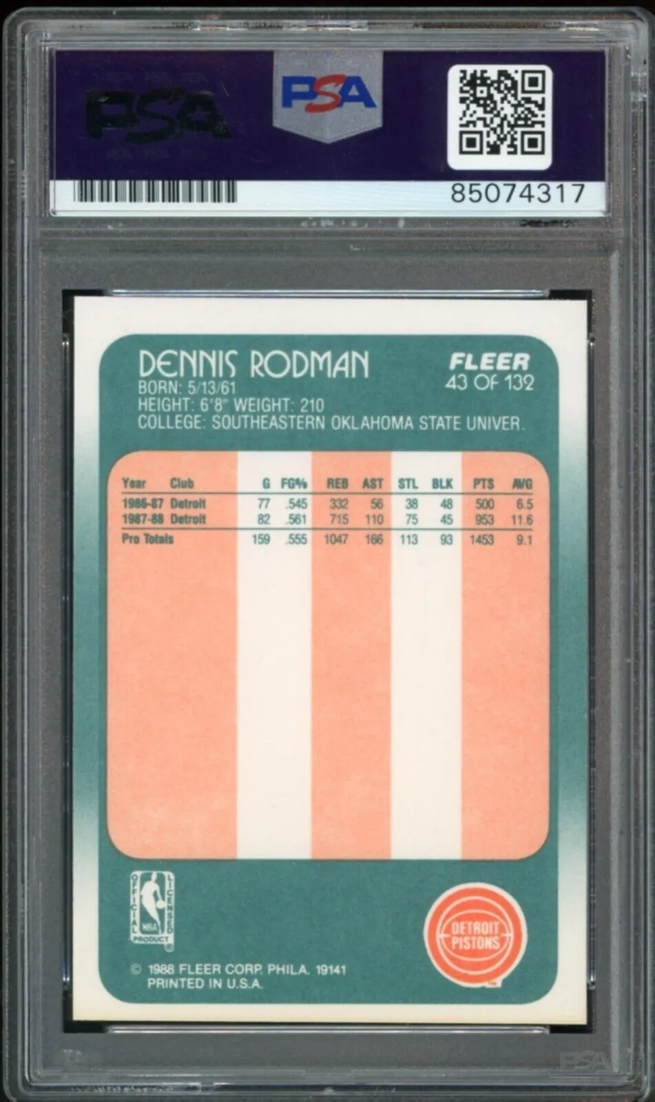 1988 Fleer #43 Dennis Rodman RC Rookie Pistons On Card PSA/DNA Auto GEM MINT 10