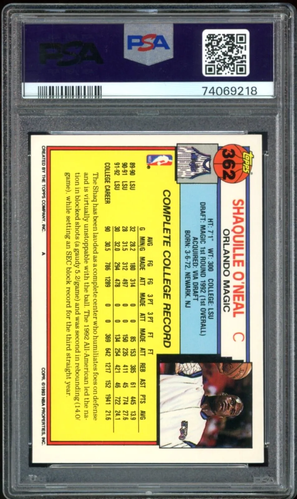 1992 Topps #362 Shaquille O'Neal RC Rookie Magic PSA/DNA Authentic Auto 10