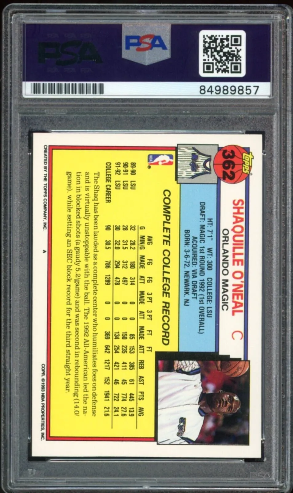1992 Topps #362 Shaquille O'Neal RC Rookie Magic PSA/DNA Auto Authentic
