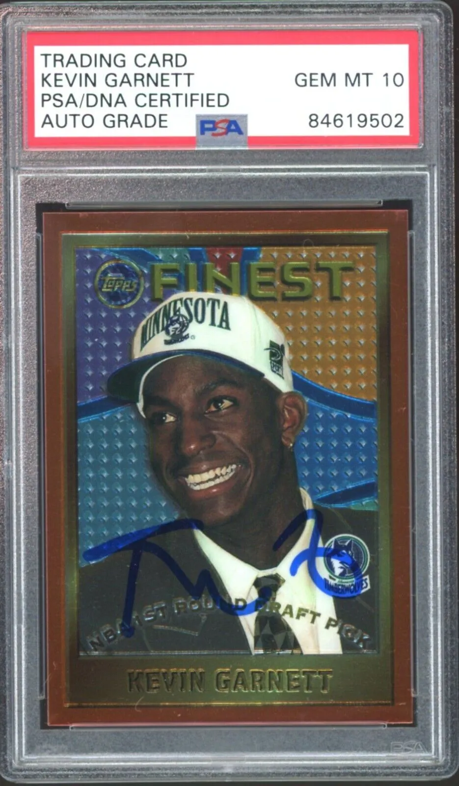 1995 Topps Finest #115 Kevin Garnett RC Rookie Celtics PSA/DNA Auto GEM MINT 10