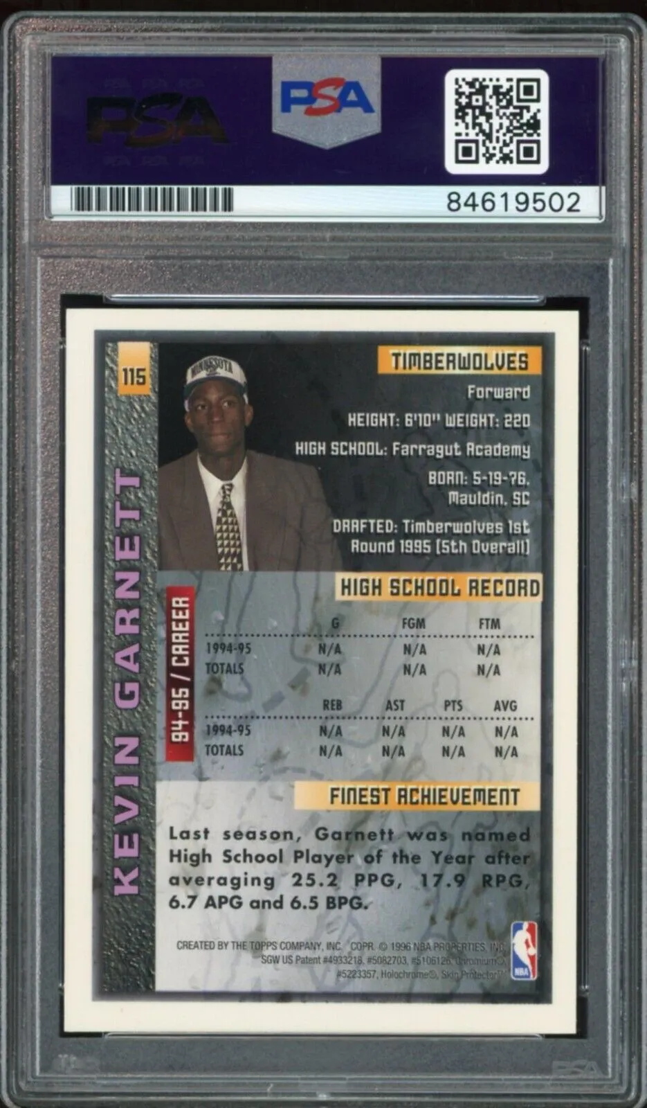 1995 Topps Finest #115 Kevin Garnett RC Rookie Celtics PSA/DNA Auto GEM MINT 10