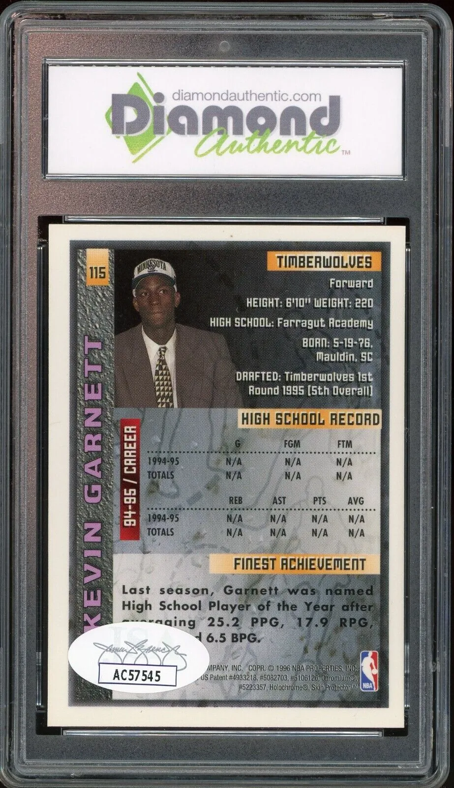1995 Topps Finest #115 Kevin Garnett RC Timberwolves Celtics JSA DGA 10 Auto