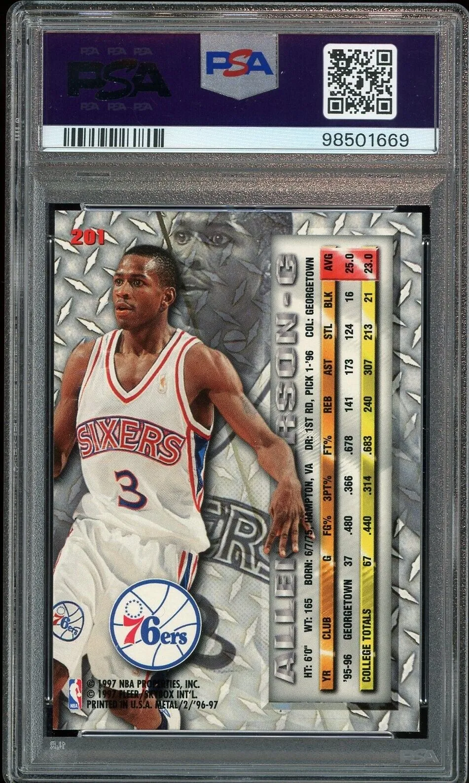 1996 Fleer Metal #201 Allen Iverson RC Rookie 76ers On Card PSA 9/10 Auto MINT
