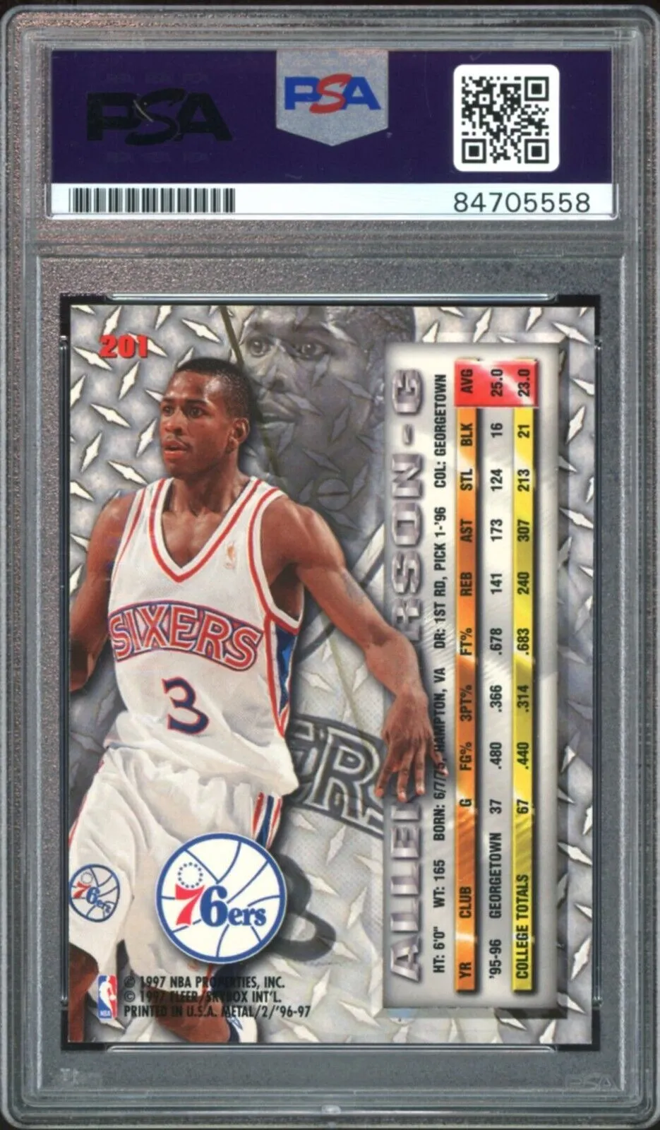 1996 Fleer Metal #201 Allen Iverson RC Rookie 76ers PSA/DNA Auto GEM MINT 10