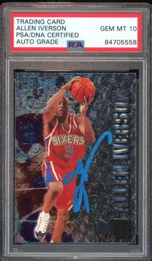 1996 Fleer Metal #201 Allen Iverson RC Rookie 76ers PSA/DNA Auto GEM MINT 10