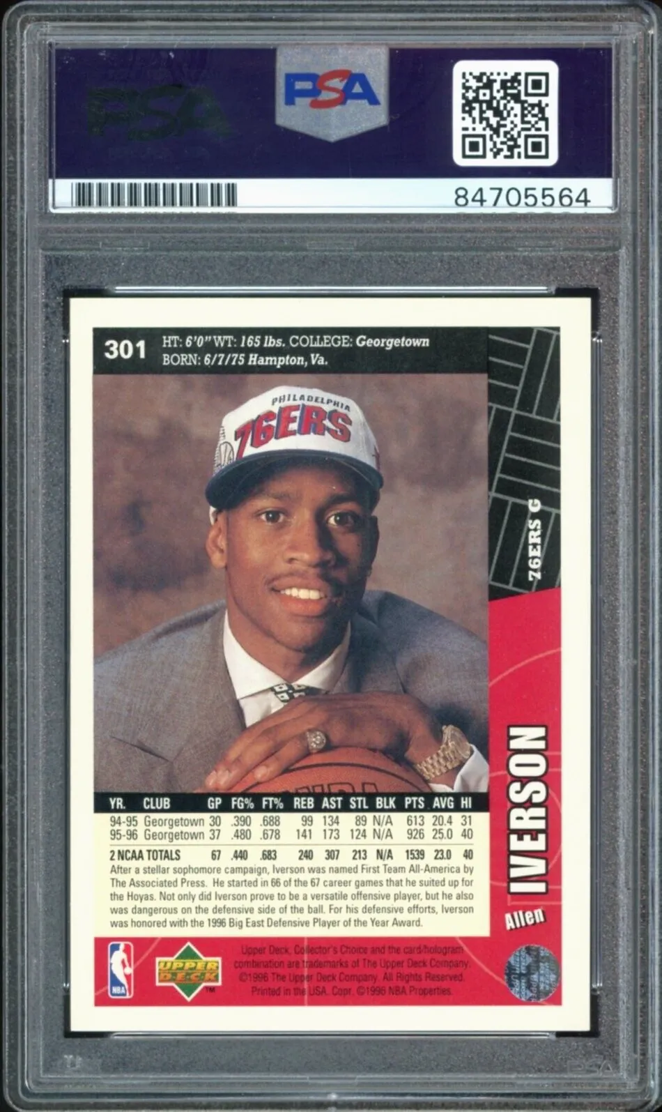 1996 Upper Deck #301 Allen Iverson RC Rookie 76ers PSA/DNA Auto GEM MINT 10
