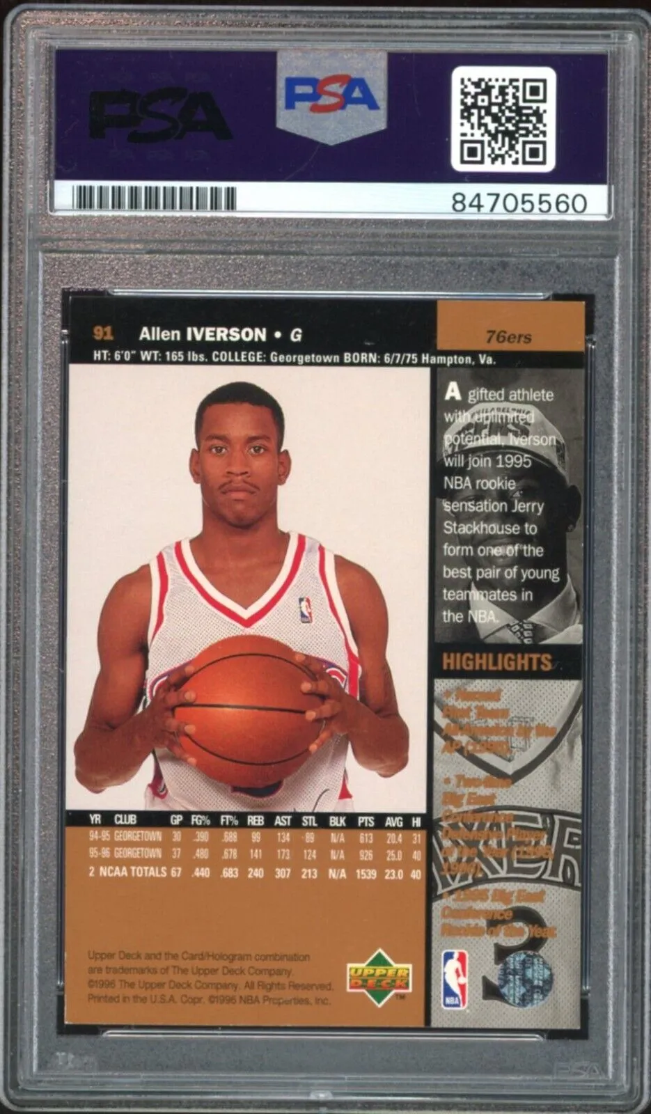 1996 Upper Deck #301 Allen Iverson RC Rookie Blue Ink PSA/DNA Auto GEM MINT 10