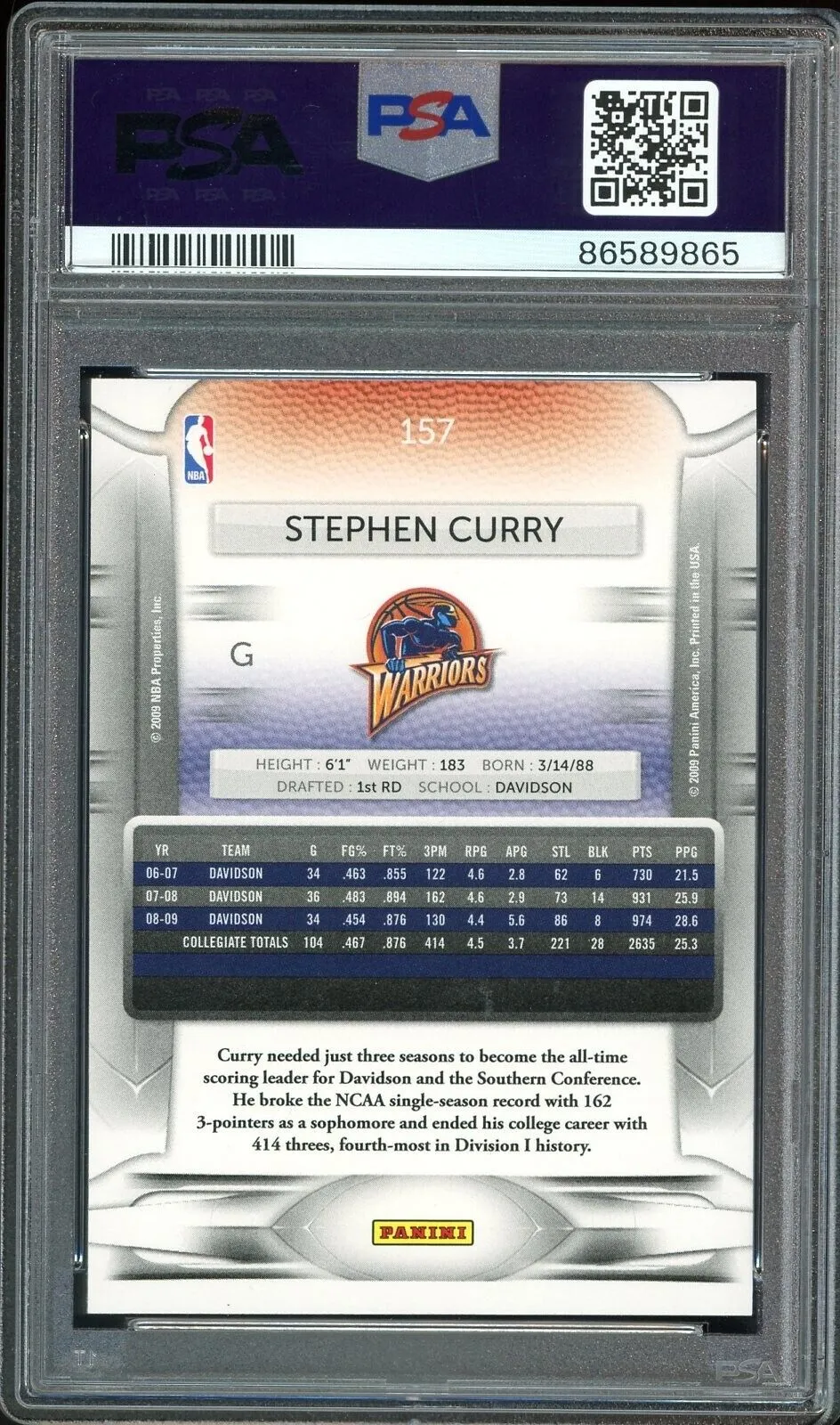 2009 Panini Prestige #157 Stephen Curry RC On Card PSA 9/10 Auto MINT Warriors