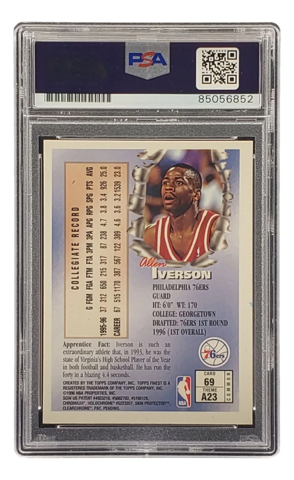 Allen Iverson Signed 1996 Topps Finest #69 76ers Rookie Card PSA/DNA