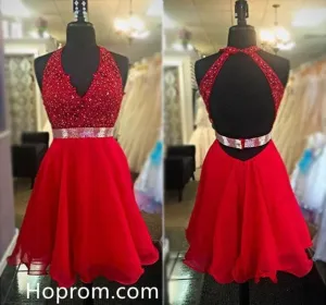 Besdings Chiffon Homecoming Dresses, Red Deep V Neck Homecoming Dress