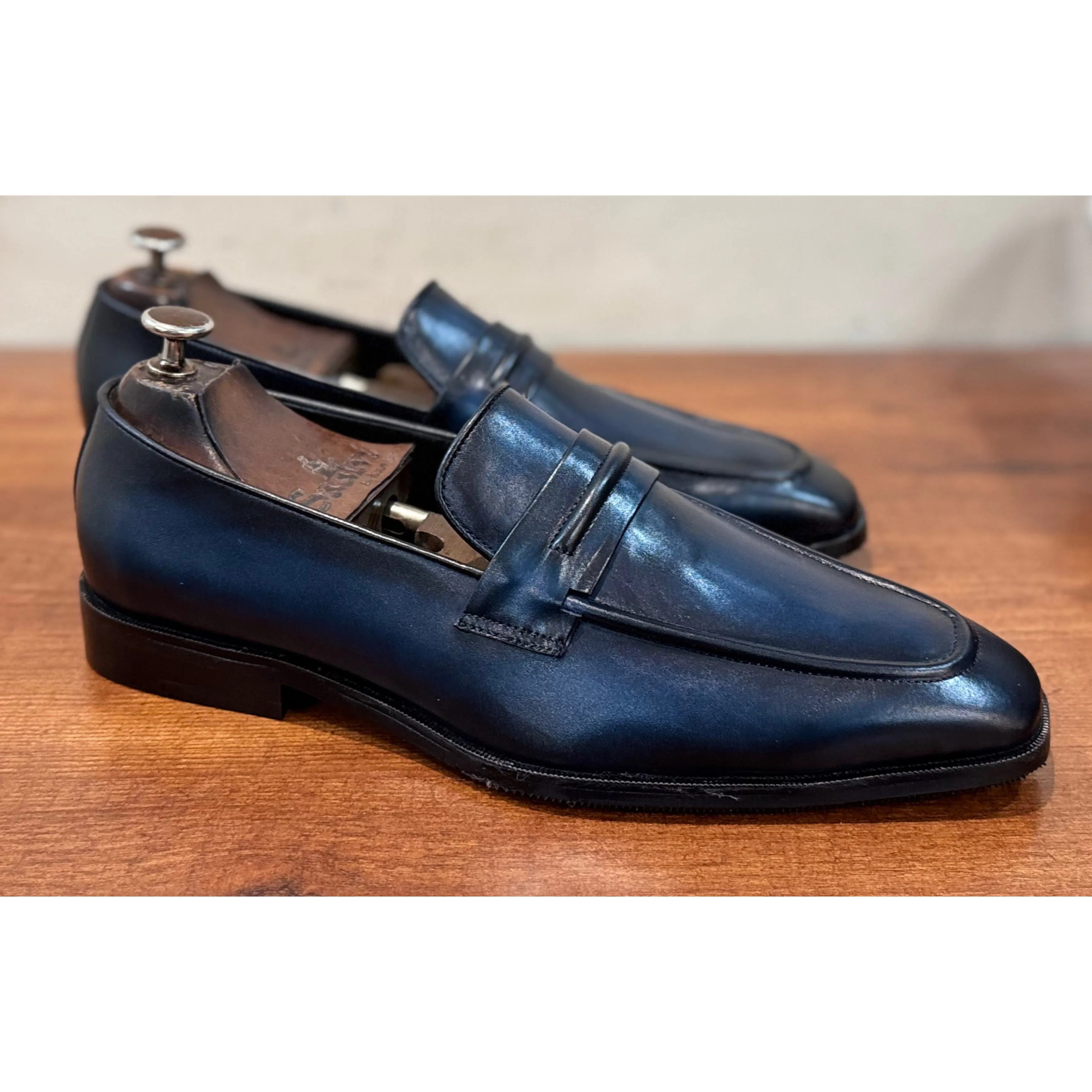 Blue Hand Finished Penny Loafers