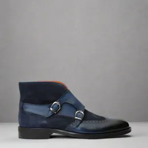 Blue Italian Leather Double Monkstrap Chukka Boots Shoes - Boots - Monk Shoes