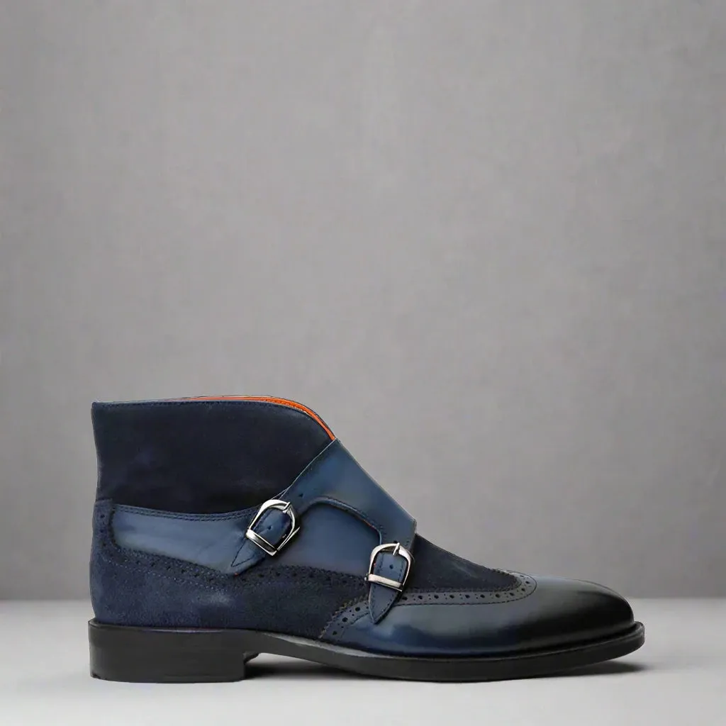 Blue Italian Leather Double Monkstrap Chukka Boots Shoes - Boots - Monk Shoes