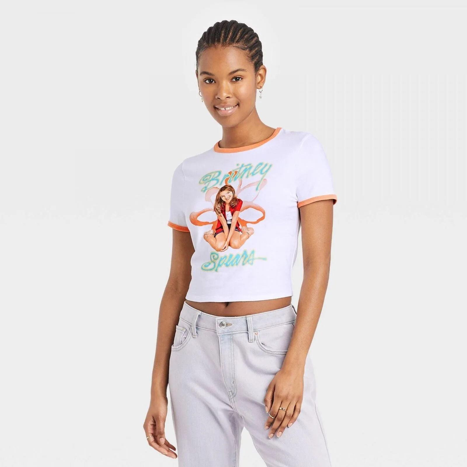 Britney Spears Women's Ringer Baby Short Sleeve Cropped Graphic T-Shirt