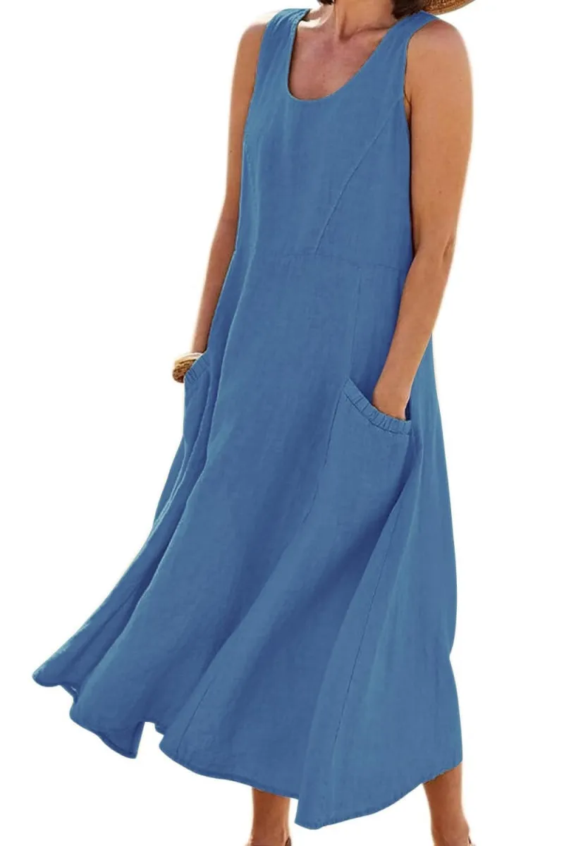 Chouyatou Women's Summer Casual Tank Dress Sleeveless Cotton Linen Long Maxi Dress with Pockets
