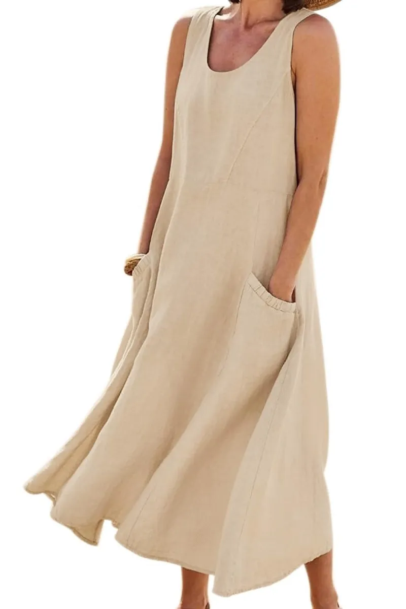 Chouyatou Women's Summer Casual Tank Dress Sleeveless Cotton Linen Long Maxi Dress with Pockets
