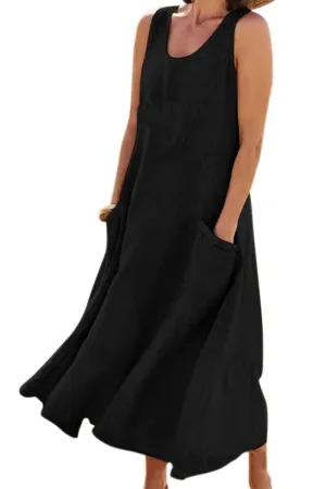 Chouyatou Women's Summer Casual Tank Dress Sleeveless Cotton Linen Long Maxi Dress with Pockets