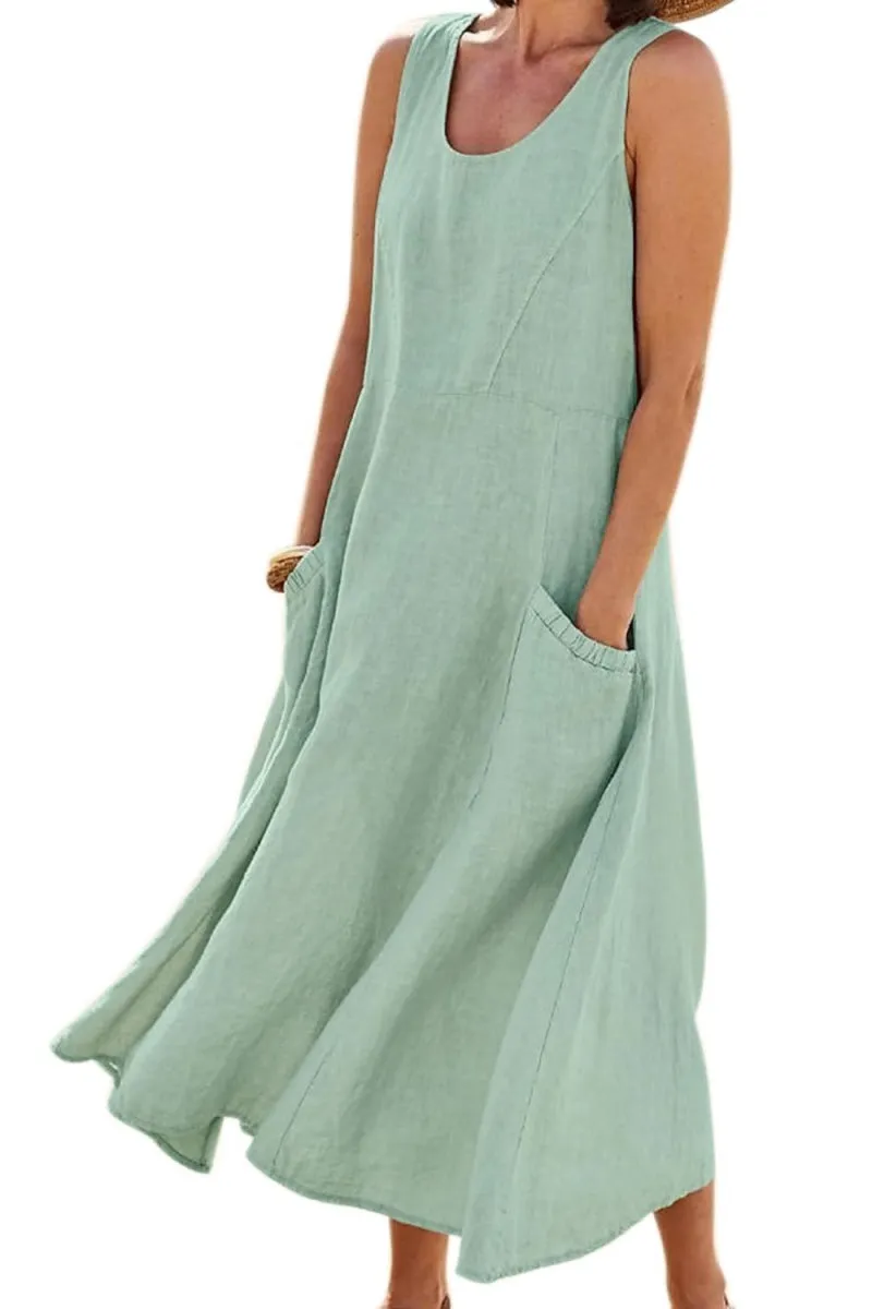 Chouyatou Women's Summer Casual Tank Dress Sleeveless Cotton Linen Long Maxi Dress with Pockets