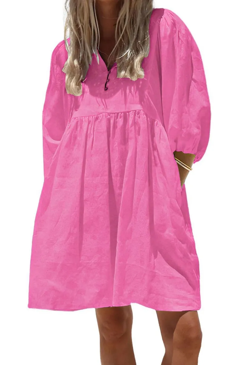 Chouyatou Women's Summer Puff Sleeve Cotton Tunic Dress V-Neck Mini Vacation Babydoll Dress