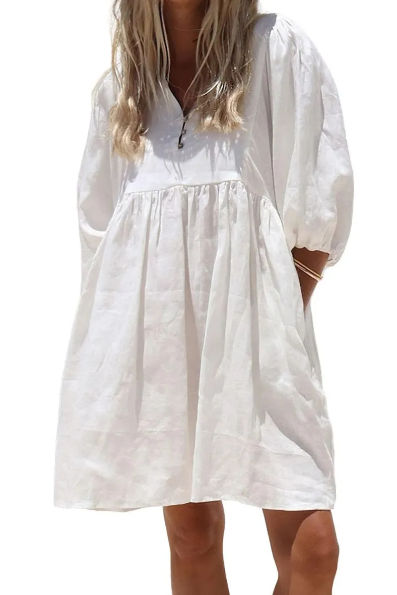 Chouyatou Women's Summer Puff Sleeve Cotton Tunic Dress V-Neck Mini Vacation Babydoll Dress