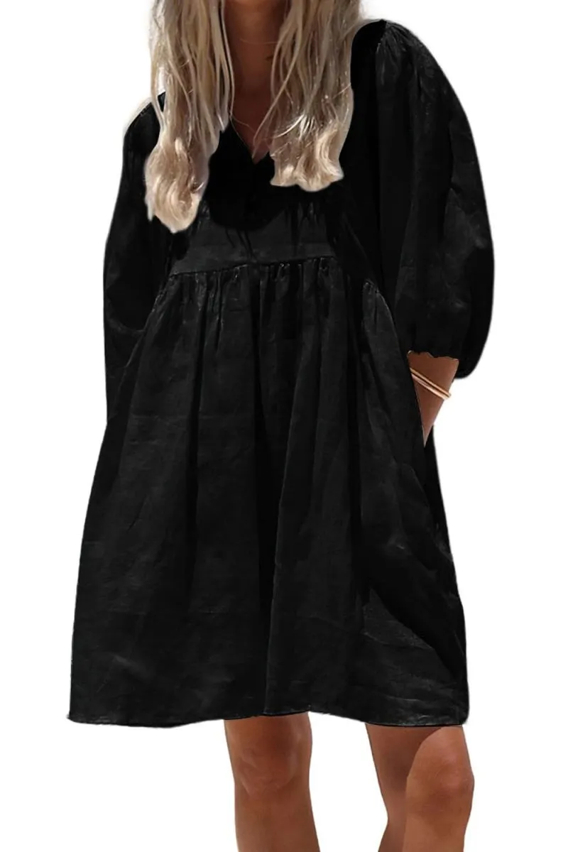 Chouyatou Women's Summer Puff Sleeve Cotton Tunic Dress V-Neck Mini Vacation Babydoll Dress