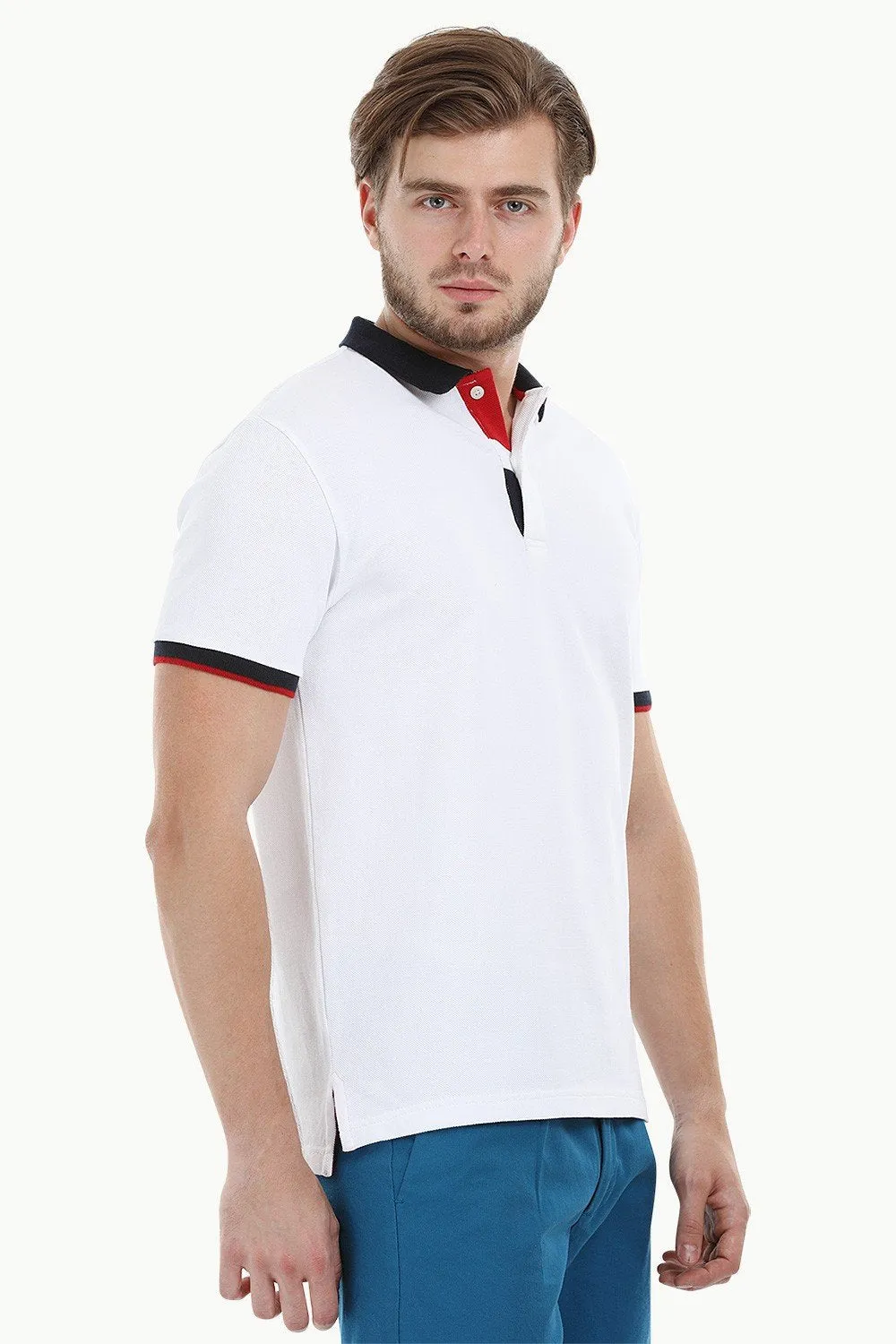 Contrast Placket White Polo T-Shirt