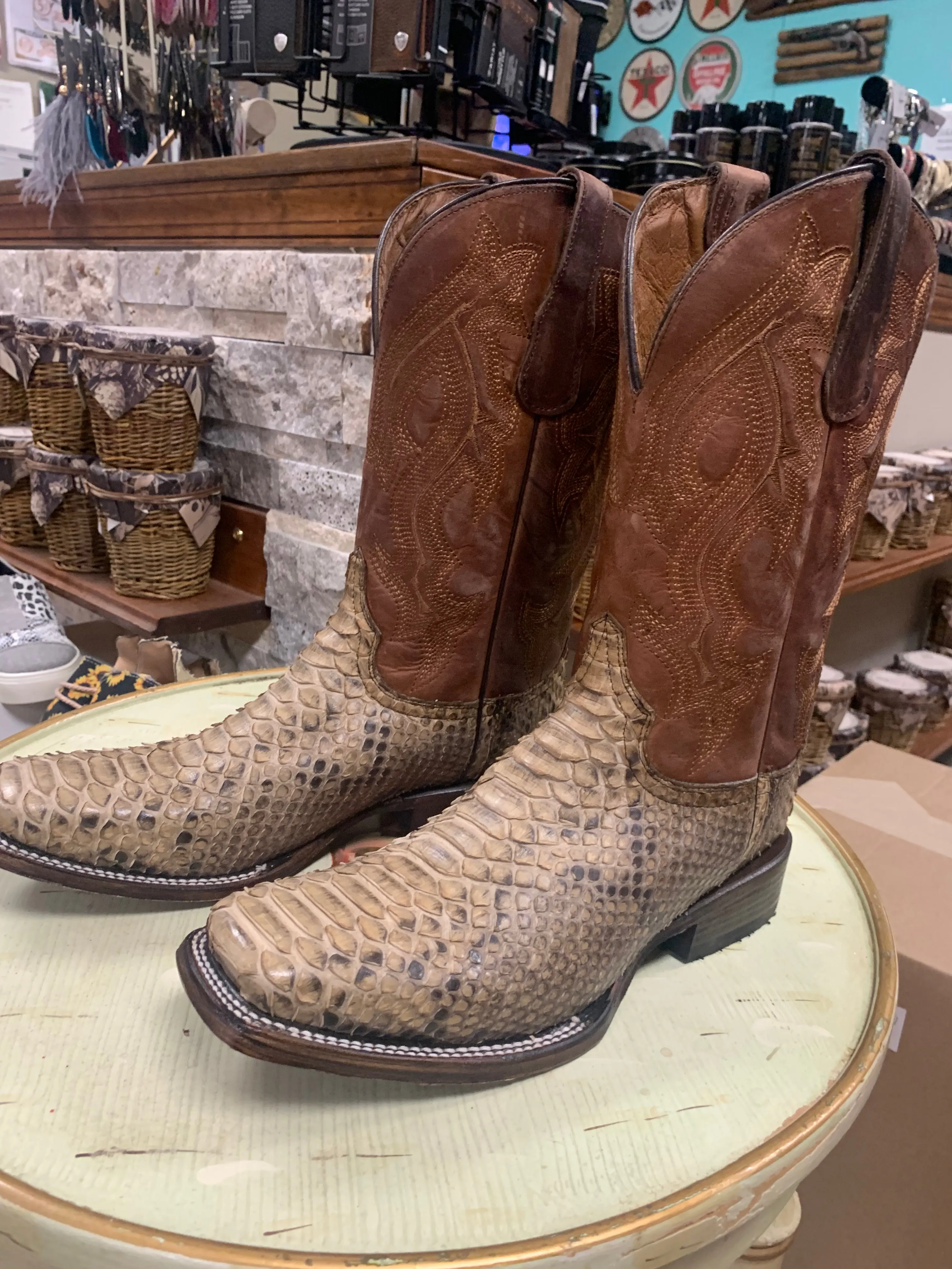CORRAL MENS TAUPE PYTHON EMBROIDERY SQUARE TOE