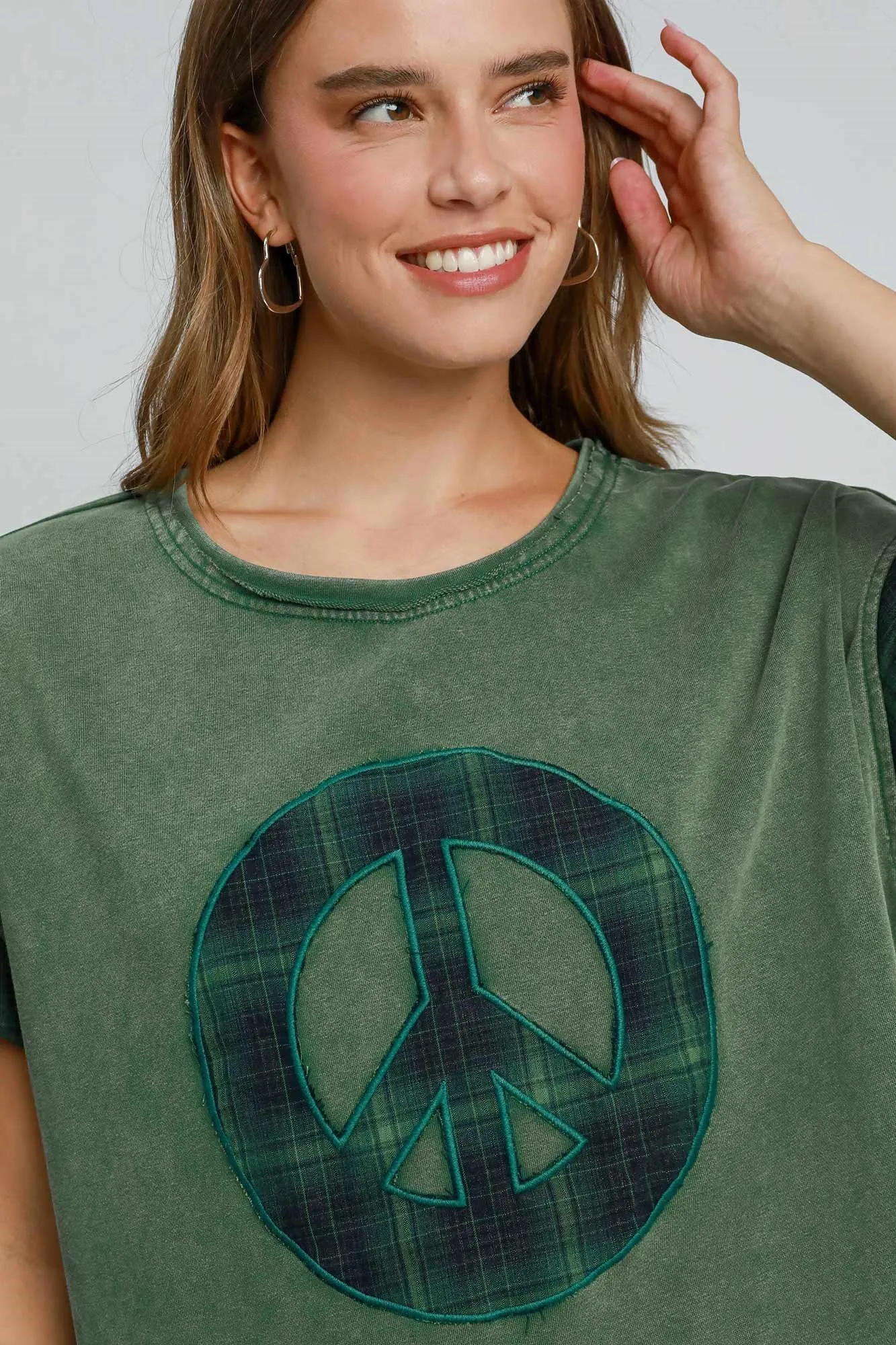 Dark Green Peace Applique Round Neck French Terry Top