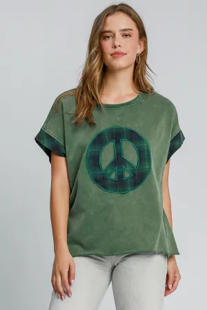 Dark Green Peace Applique Round Neck French Terry Top