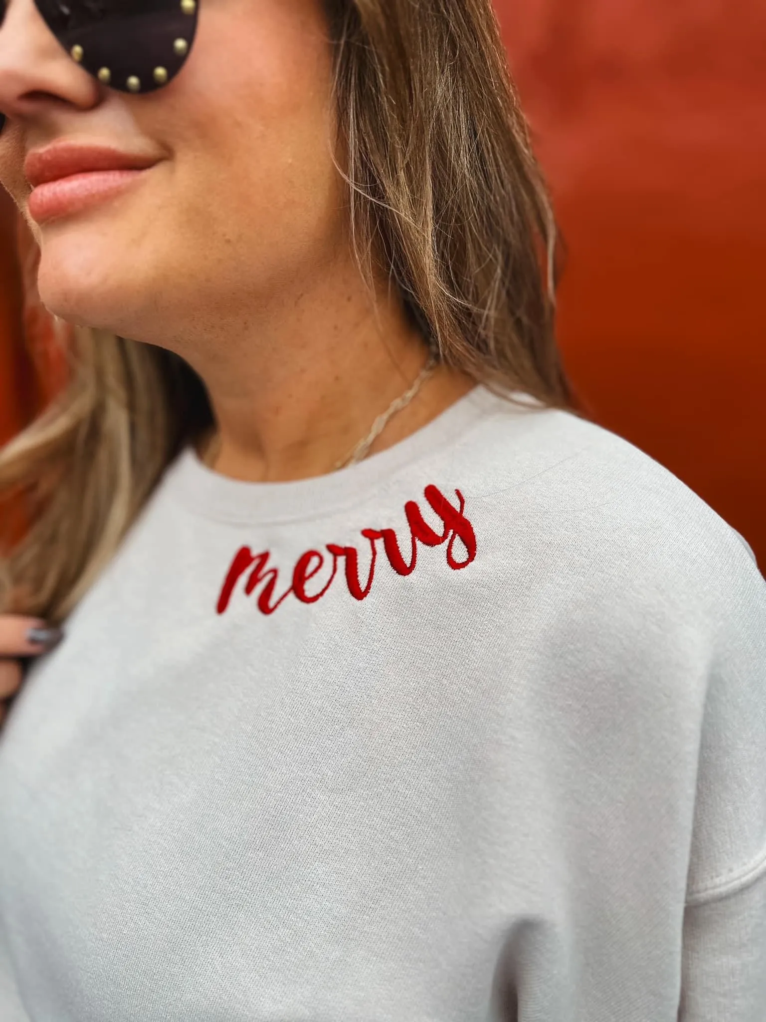 Embroidery {RED MERRY} Sandstone Crew Neck Sweatshirt