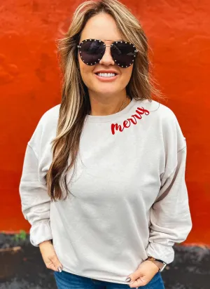 Embroidery {RED MERRY} Sandstone Crew Neck Sweatshirt