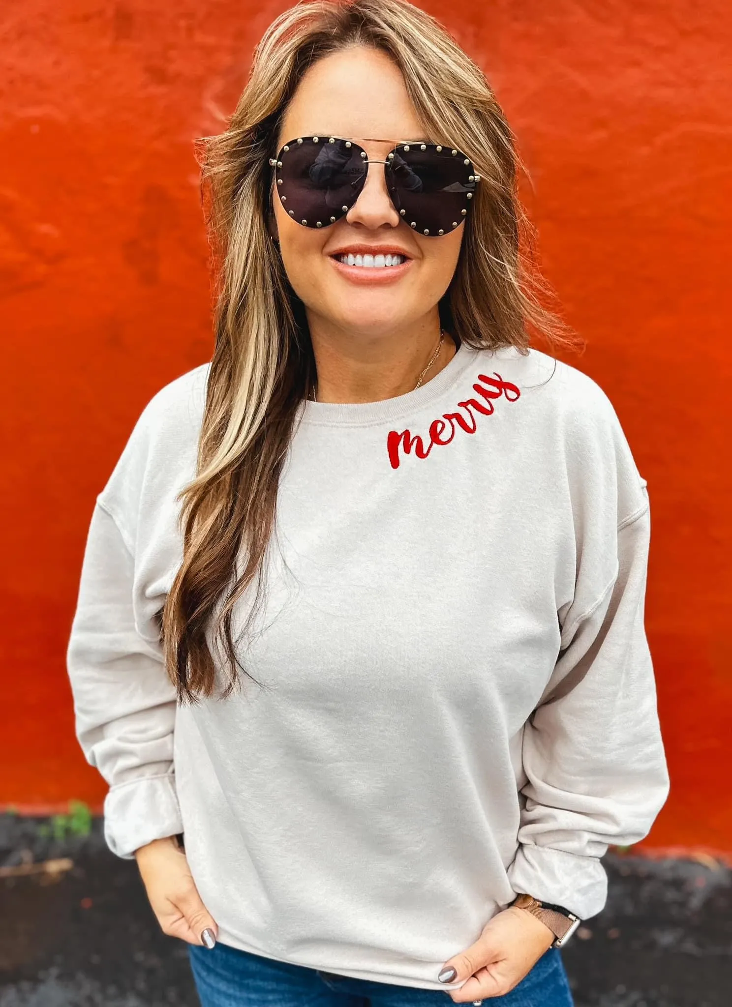 Embroidery {RED MERRY} Sandstone Crew Neck Sweatshirt