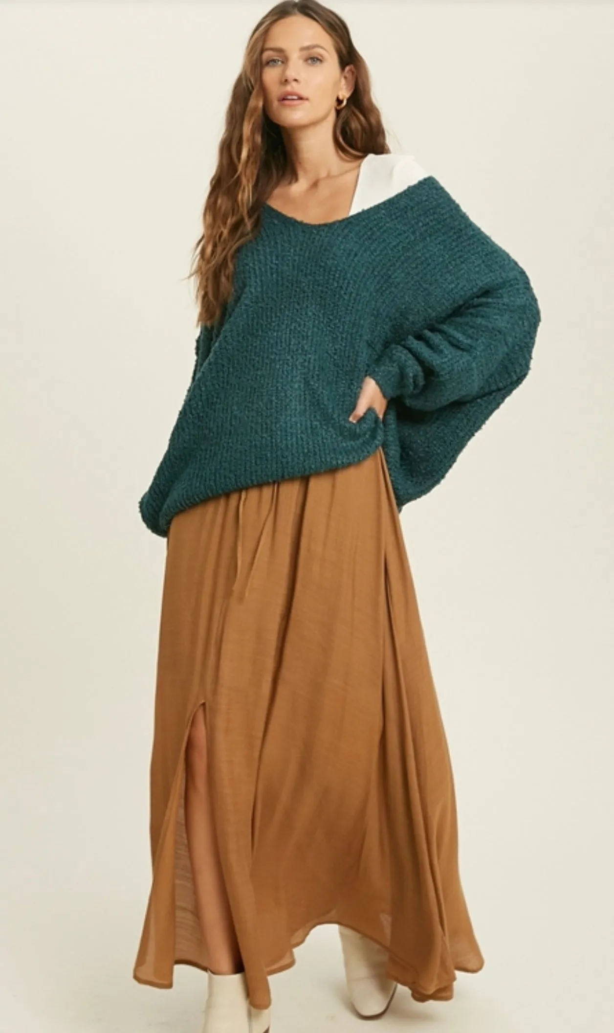 Front Slit Elastic Waist Maxi Skirt