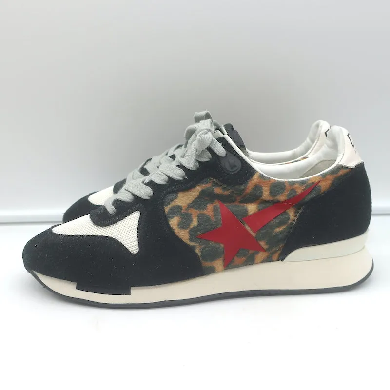 Golden Goose Leopard Running Sole Sneakers Black Suede & White Mesh Size 36