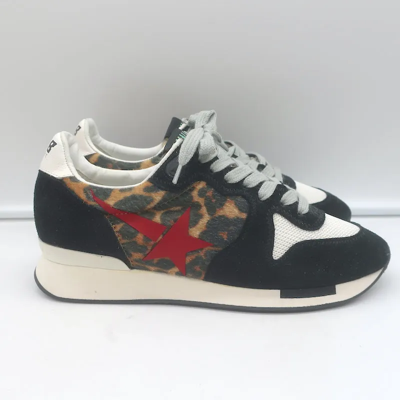 Golden Goose Leopard Running Sole Sneakers Black Suede & White Mesh Size 36