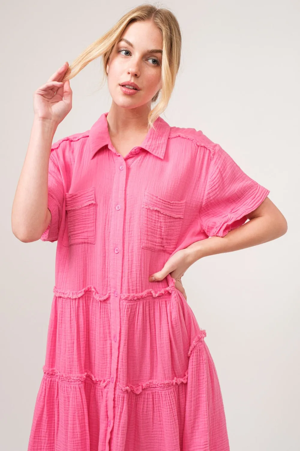 Hazel Blues® |  And The Why Raw Edge Washed Tiered Shirt Dress