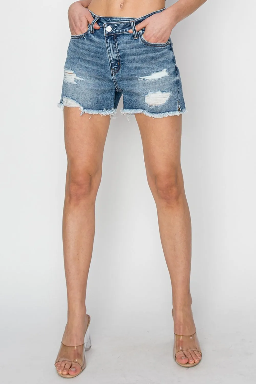 Hazel Blues® |  RISEN Stepped Waist Frayed Denim Shorts