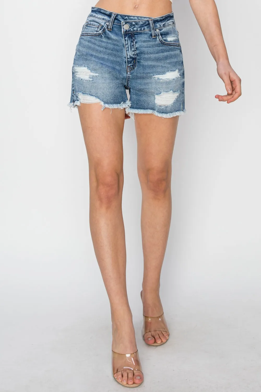 Hazel Blues® |  RISEN Stepped Waist Frayed Denim Shorts