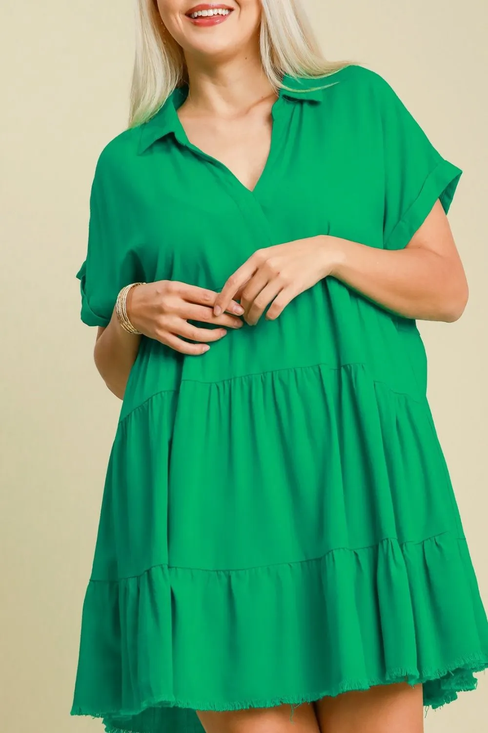 Hazel Blues® | Umgee Raw Hem Folded Sleeve Tiered Dress