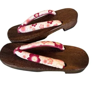 Japanese Women's Wooden Geta Sandals, Sakura, Pink & Red / Traditional Japanese, Size M