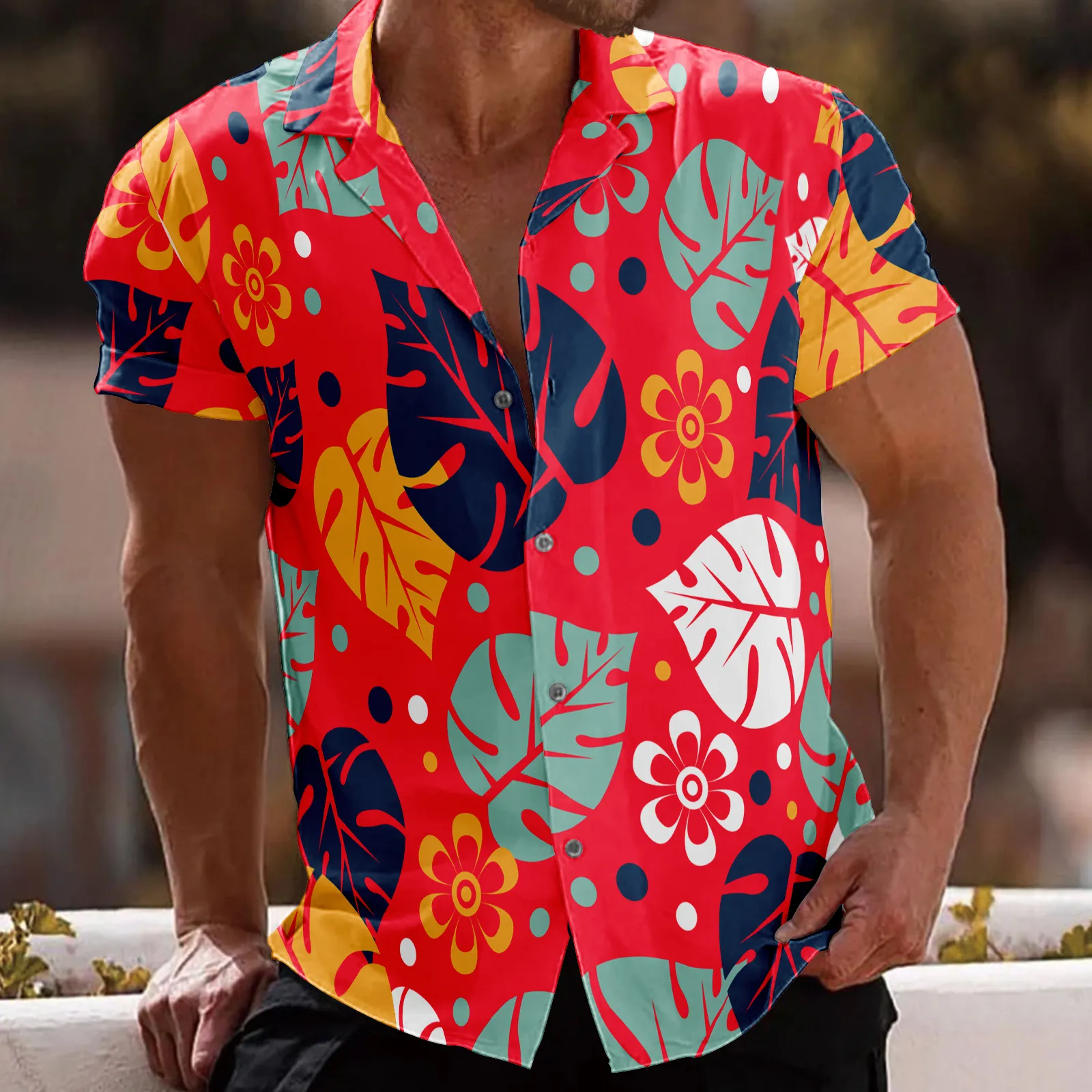 LEAVES PRINTED ALOHA SHIRT