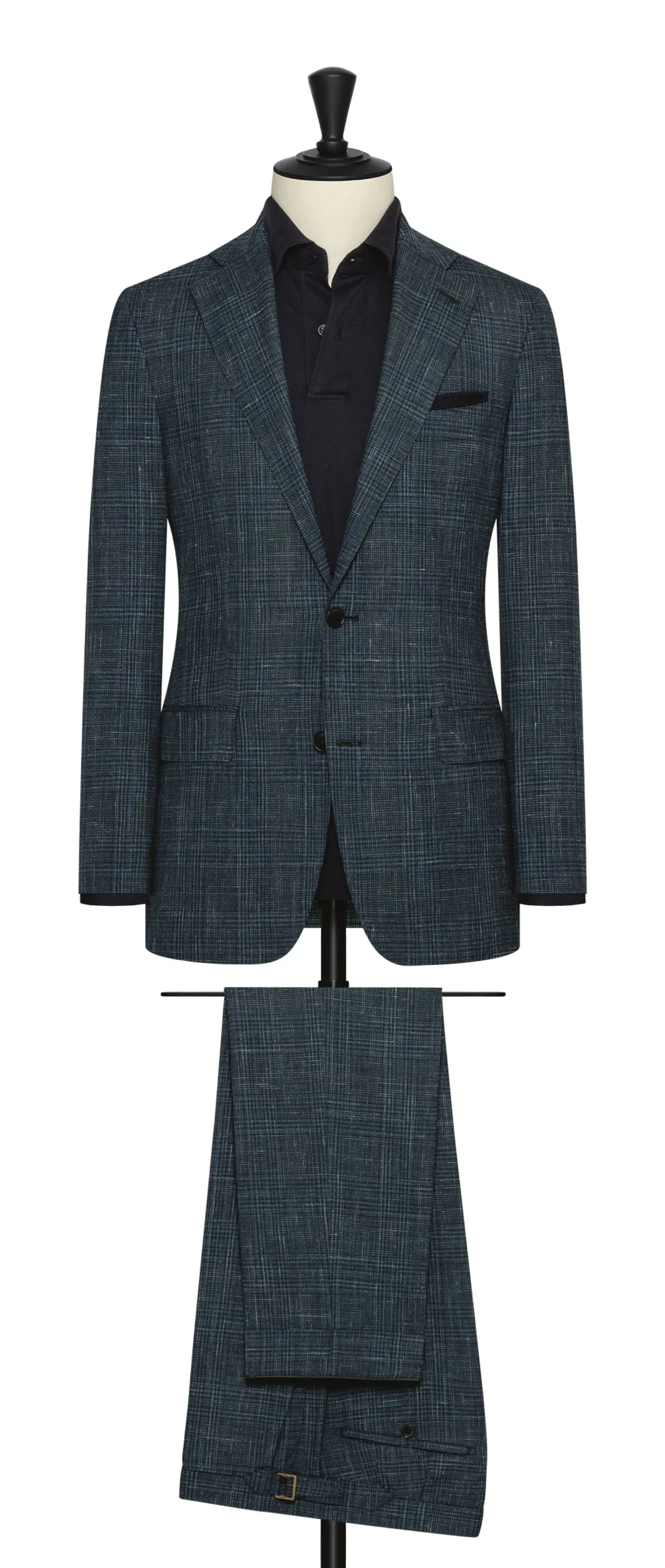 Loro Piana SUMMERTIME Mixed Green Wool, Silk & Linen Tropical with Subtle Blue Check