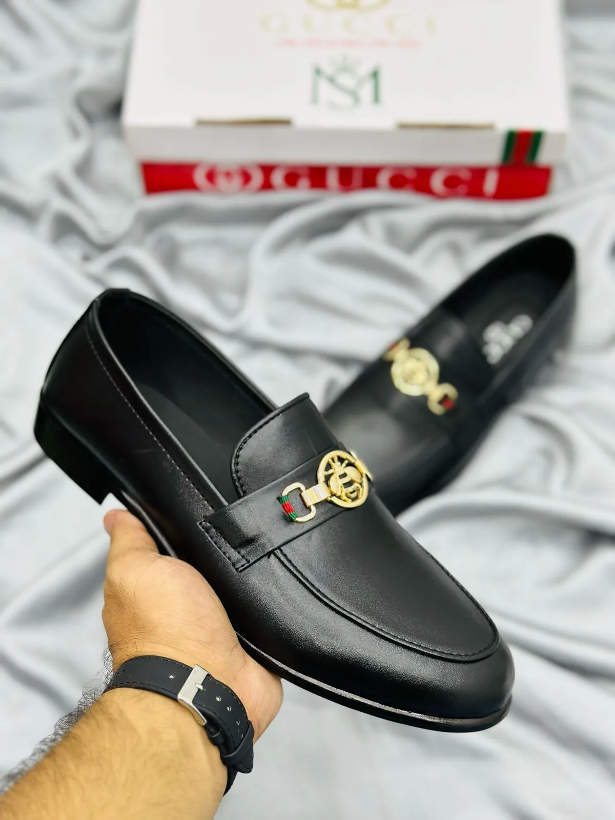 Luxury Black Leather Loafers with Gold Buckle – Premium Elegance