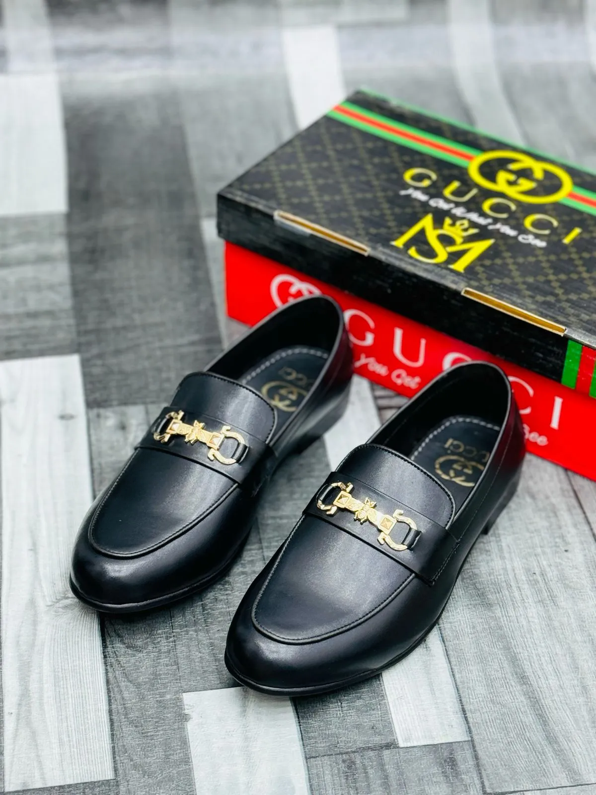 Luxury Black Leather Loafers with Gold Buckle – Premium Elegance