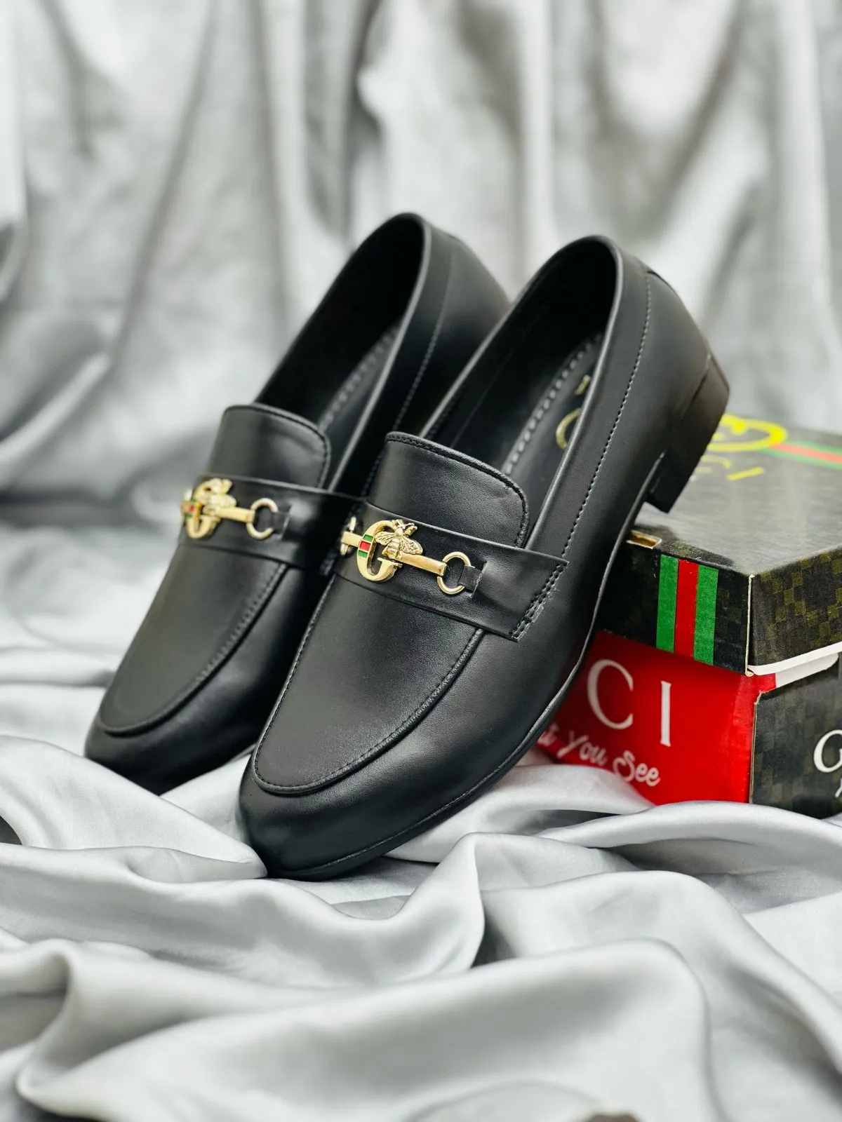 Luxury Black Leather Loafers with Gold Buckle – Premium Elegance