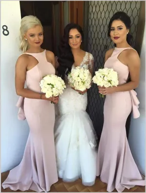 Mermaid Halter Train Satin Bridesmaid Dresses with  Pleated