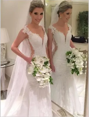 Mermaid Lace Sleeveless V-neck Wedding Dresses Brush Train Dress