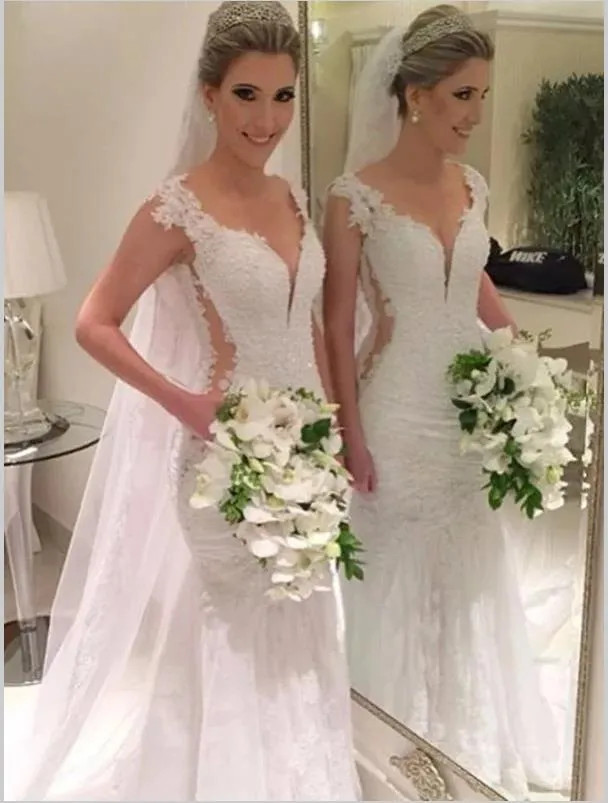 Mermaid Lace Sleeveless V-neck Wedding Dresses Brush Train Dress
